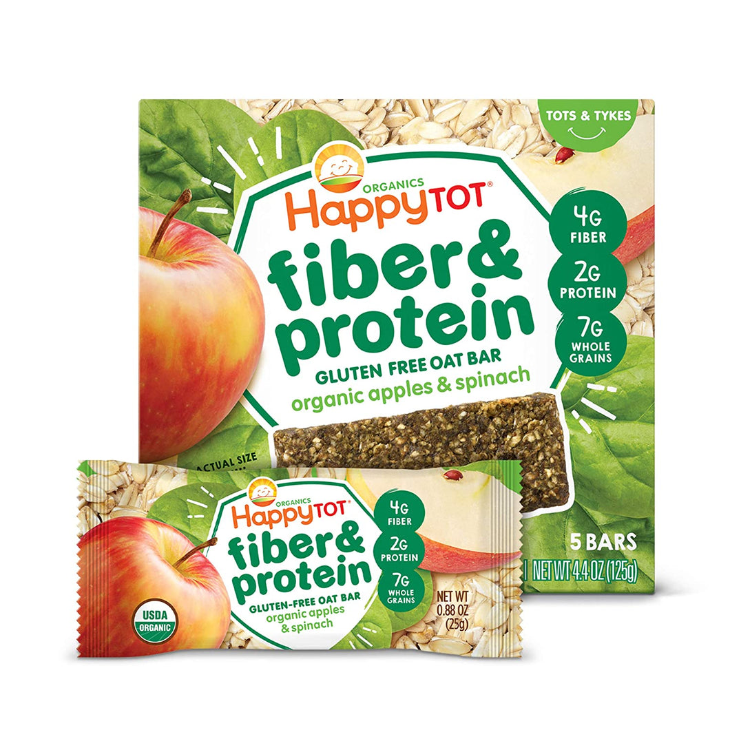 Happy Tot Organic Fiber & Protein Soft-Baked Oat Bars Toddler Snack Apple & Spinach 5-pack