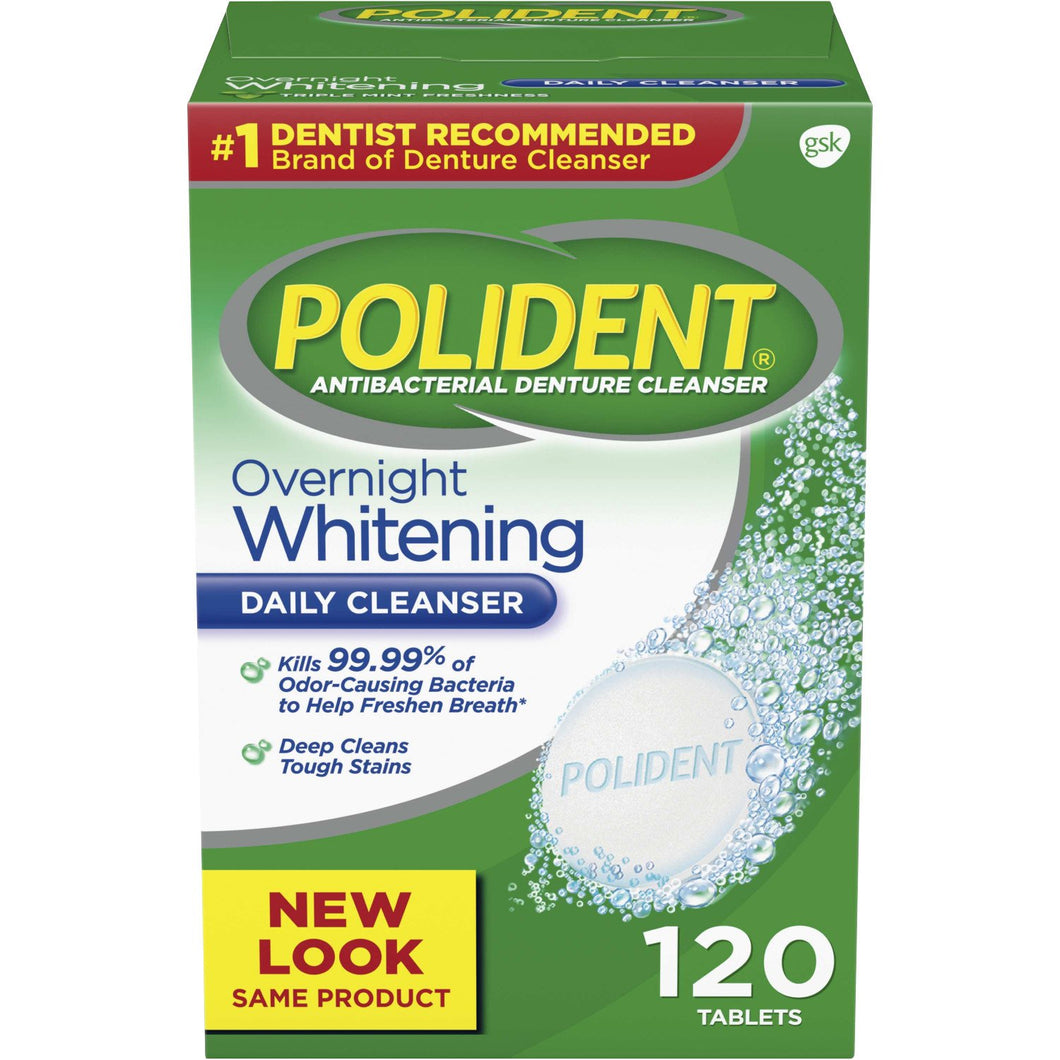 Polident Overnight Whitening Antibacterial Denture Cleanser Tablets 120s
